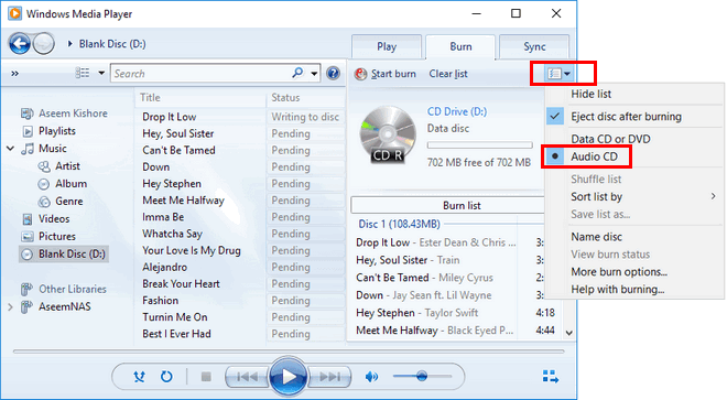 windows media playerでspotifyをcdに焼く