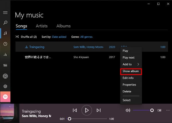 windowsでspotify音楽のアルバムを表示する