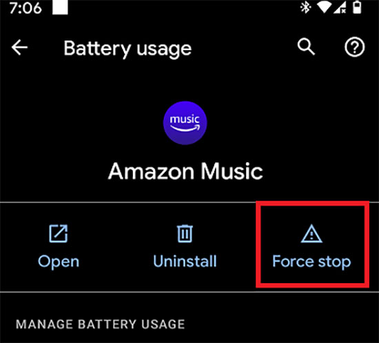 amazon musicの曲が再生されないのを解決するために、amazon musicアプリを再起動する