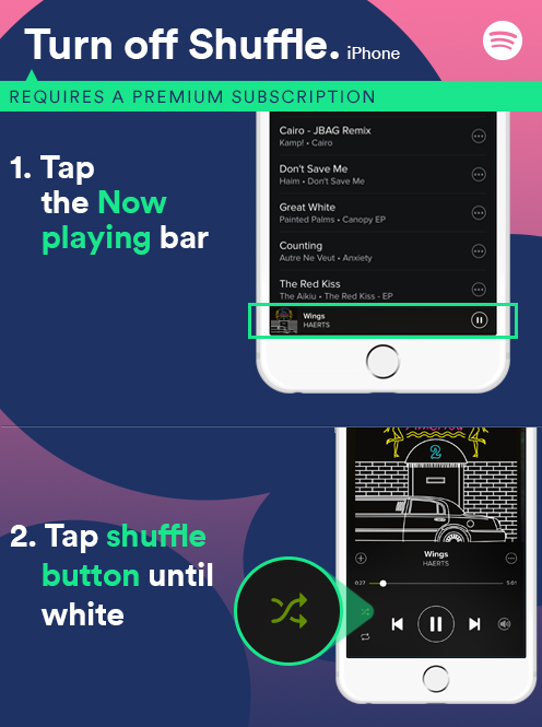 iphoneでspotifyのシャッフル再生をオフにする