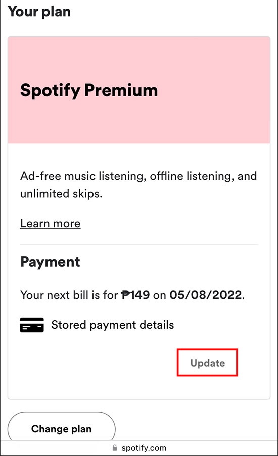 spotifyで支払い方法を変更するモバイル