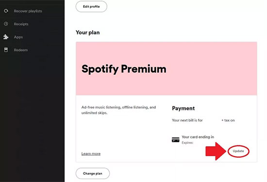 spotifyの支払いを更新するpc